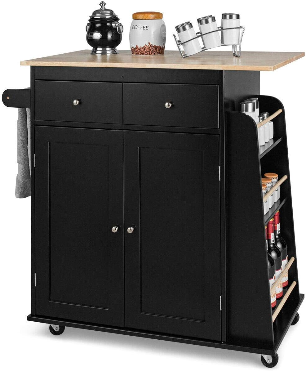 Black Rolling Kitchen Trolley Island Utility Serving Cart 2 Drawers 2 Doors Storage Cabinet 3-Tiers Spice Rack Rubber Wood Countertop Cutlery Utensil