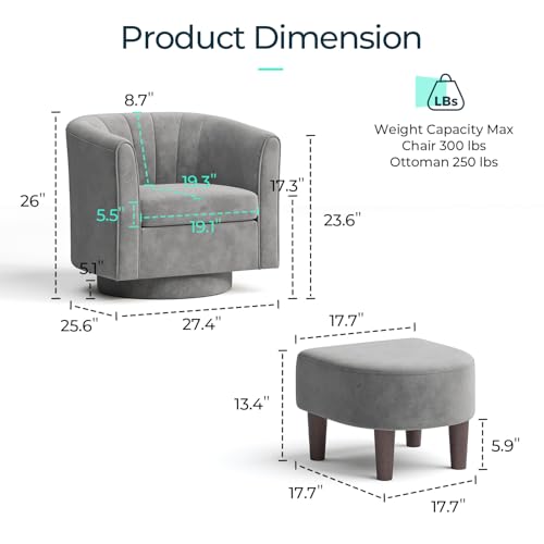 LINSY Swivel Accent Chair Ottoman Set: Velvet Small Barrel Chair with Foot Rest