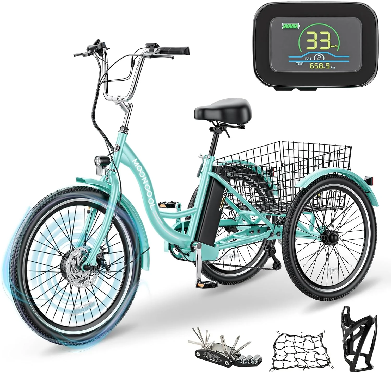 MOONCOOL 350W Motorized Electric Trike, 7 Speed 3 Wheel Electric Bicycle with 36V 14.5Ah Lithium Battery UL Certified