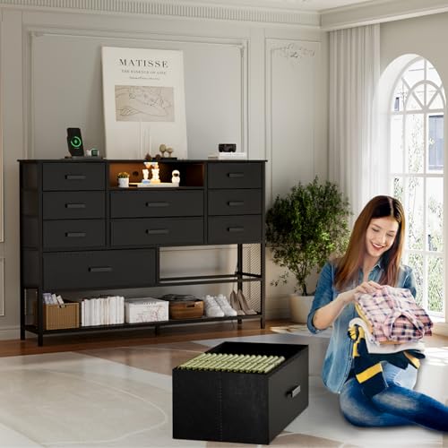 Black Dresser for Bedroom with 10 Drawers, Dresser with Charging Station, TV Stand Dresser with LED Light for 55" TV