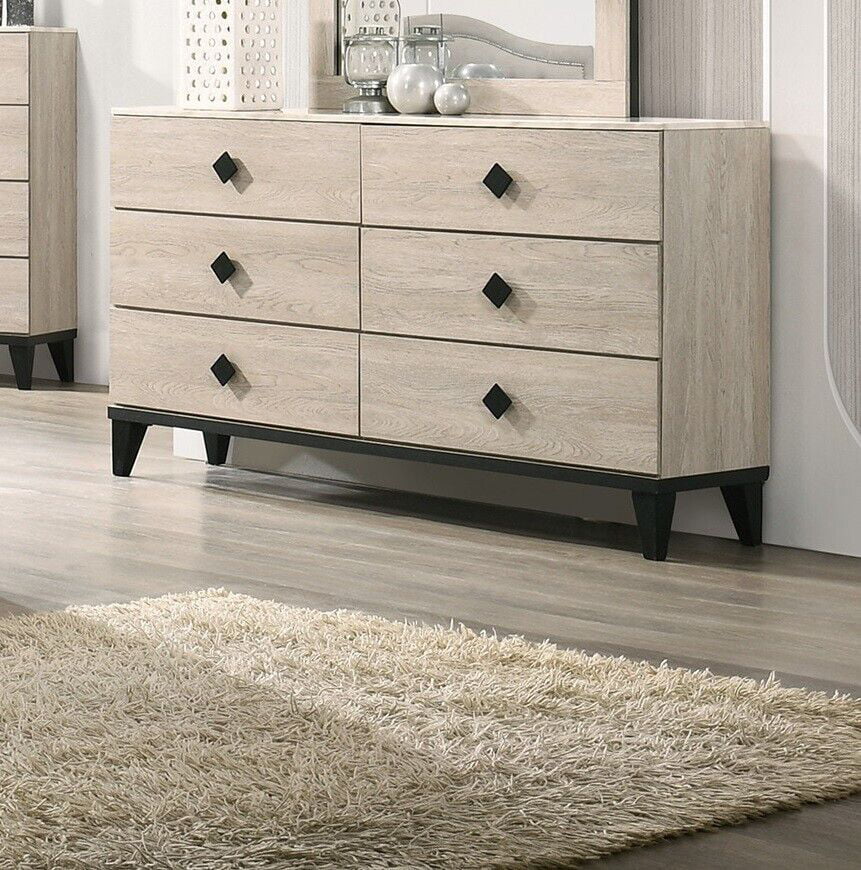 Transitional Cream Color Dresser Mirror 2x Nightstands Chest 5pc Bedroom Set Unique Handle pulls Rubberwood Veneer Furniture