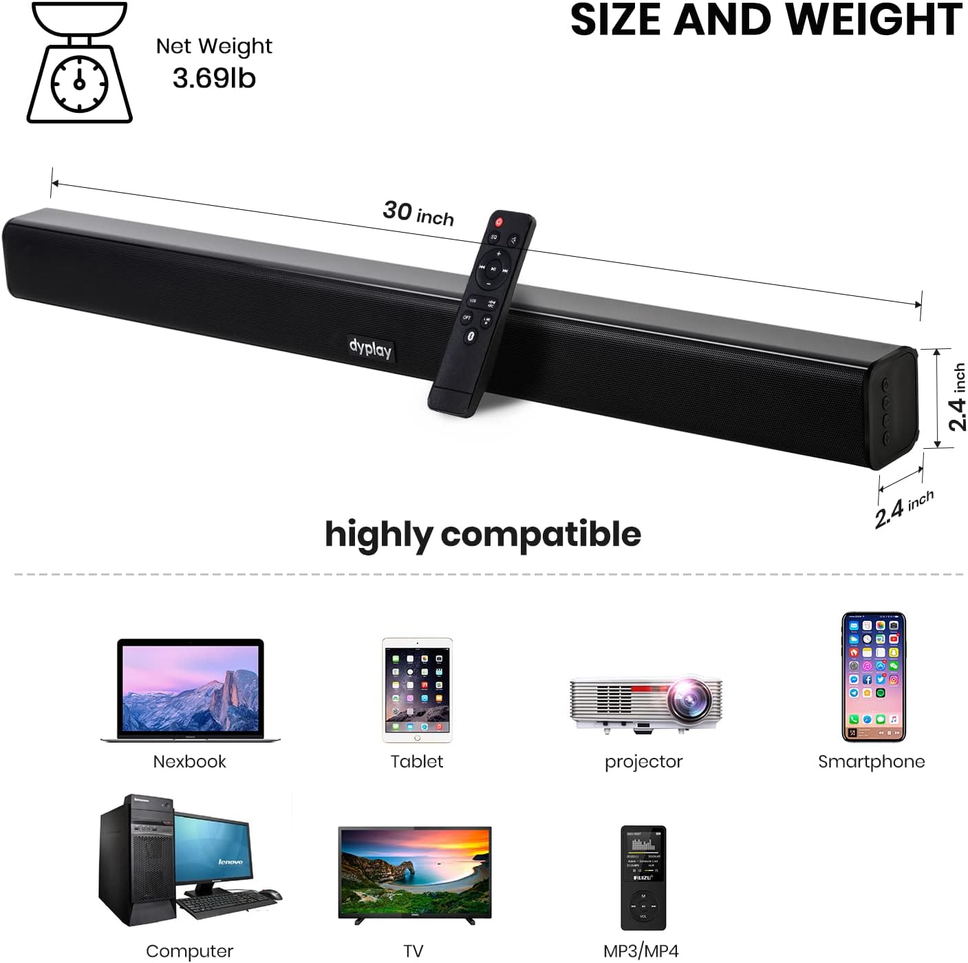 Sound Bar, 30-Inch 50-120W(Peak) Sound Bars for TV, 2.0 Channel Soundbar, 3 EQ Modes, Bluetooth 5.0, Optical/HDMI/AUX/USB/Optical Connection