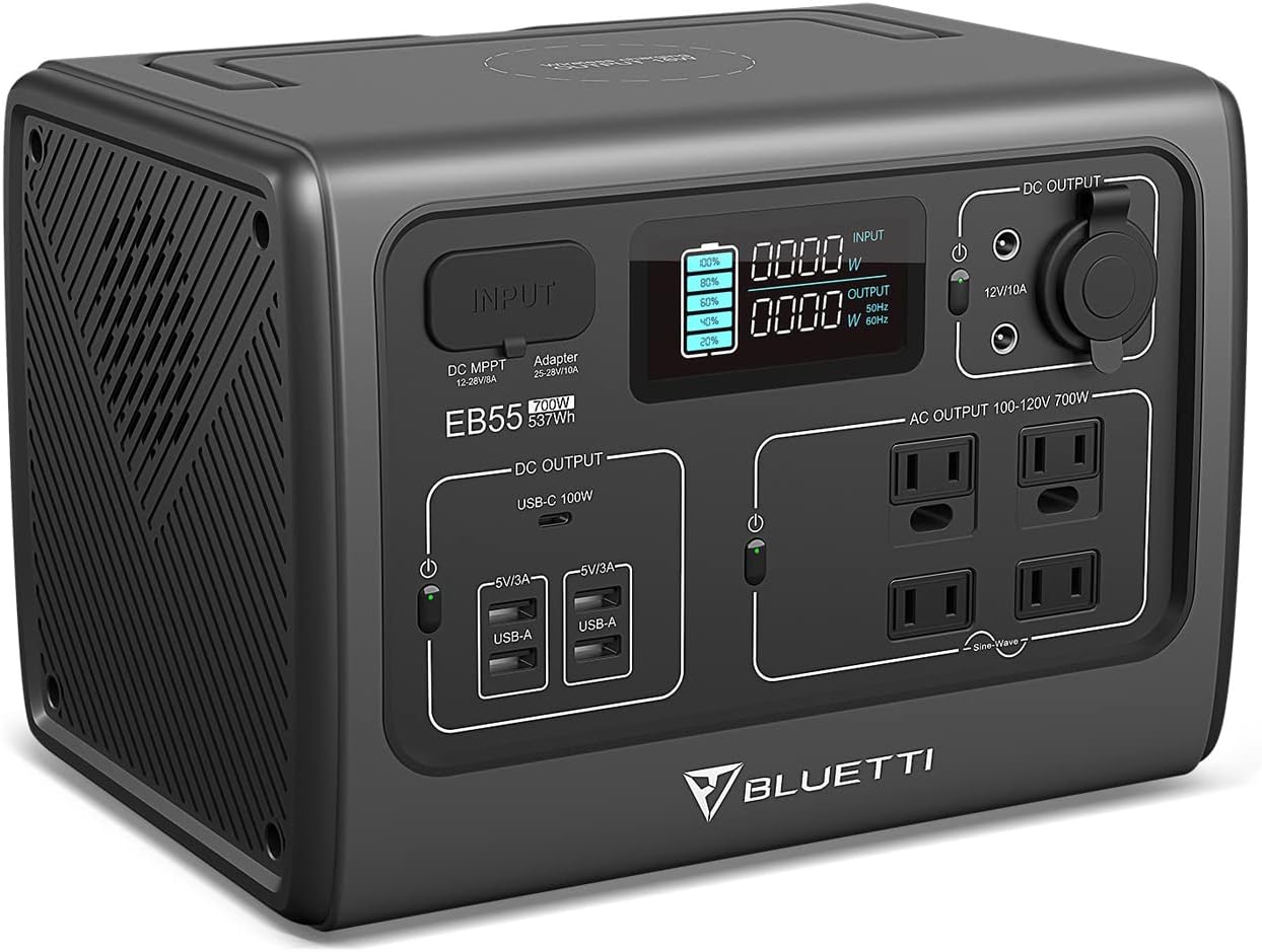 BLUETTI EB55 Portable Power Station 700W 537Wh LiFePO4 Battery Pack Solar Generator with 4 AC Outlets, 100W USB-C, Regulated 12V DC