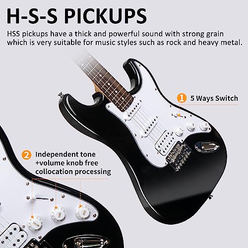 AODSK Electric Guitar with Amp Beginner Kit 39 Inch Solid Body Full Size,All Accessories,Digital Tuner,Six Strings,Four Picks,Tremolo Bar,Strap