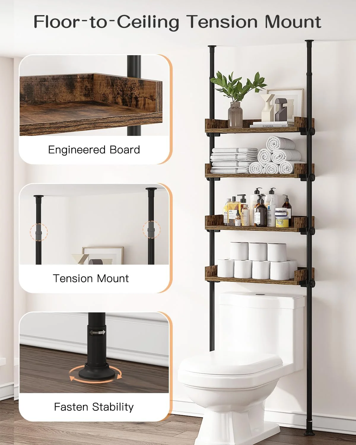 FJU Bathroom Organizer, Over The Toilet Storage, 4-Tier Adjustable Wood Shelves for Small Rooms, Saver Space Rack, 92 to 116 Inch Tall
