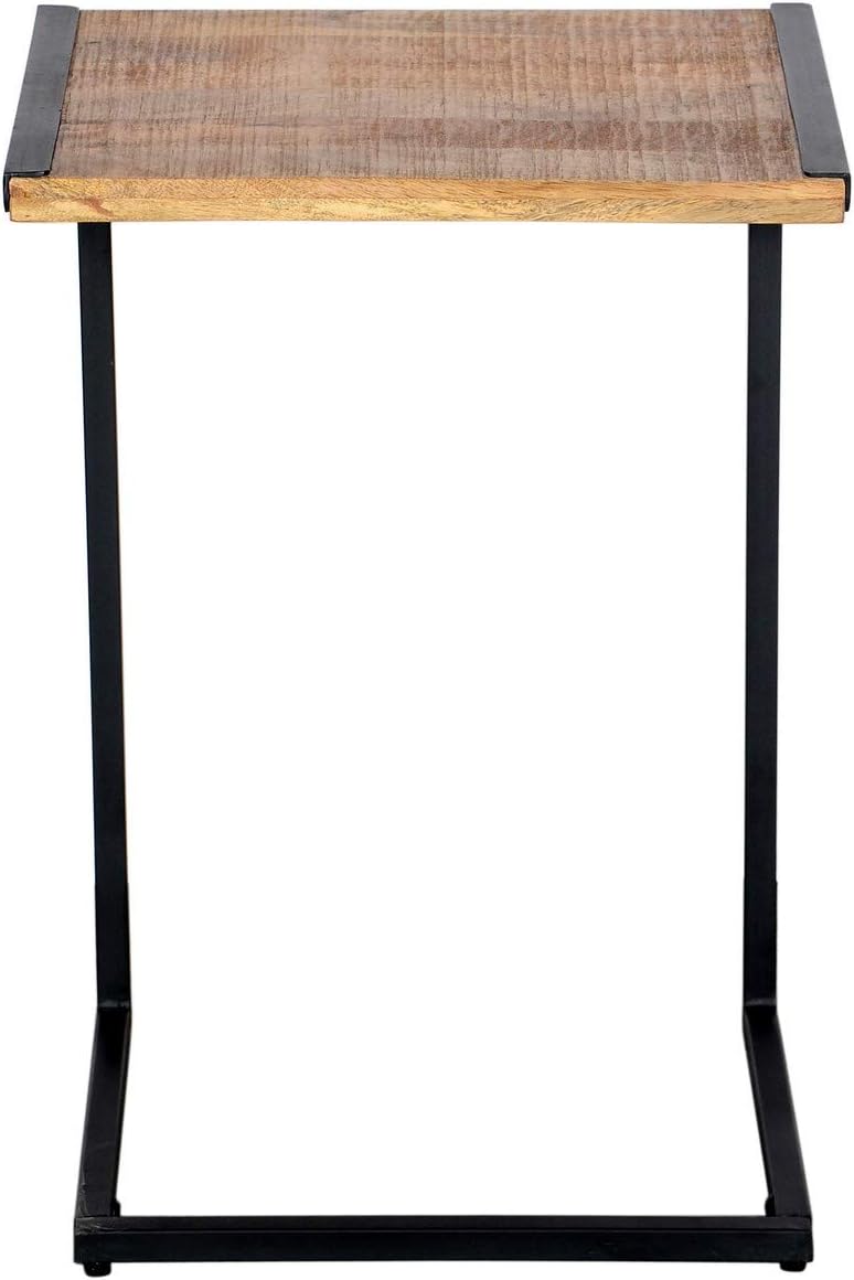 The Urban Port C Shape Mango Wood Sofa Side End Table with Metal Cantilever Base, Brown and Black