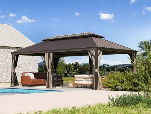 Domi 10’ x 10’ Hardtop Gazebo Metal Frame Canopy with Netting & Curtains