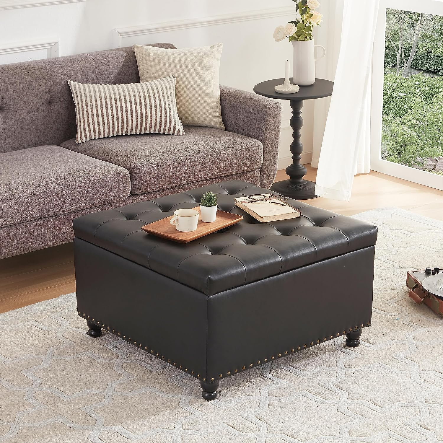Large Square Storage Ottoman Bench, Tufted Coffee Table Ottoman with Storage, Oversized Storage Ottomans Toy Box Footrest for Living Room, Black