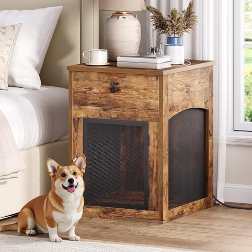 HOOBRO Dog Crate Furniture, Dog Kennel with Drawer and Charging Station, Indoor Decorative Puppy House, Wooden Pet Crate End Table for Small Dogs