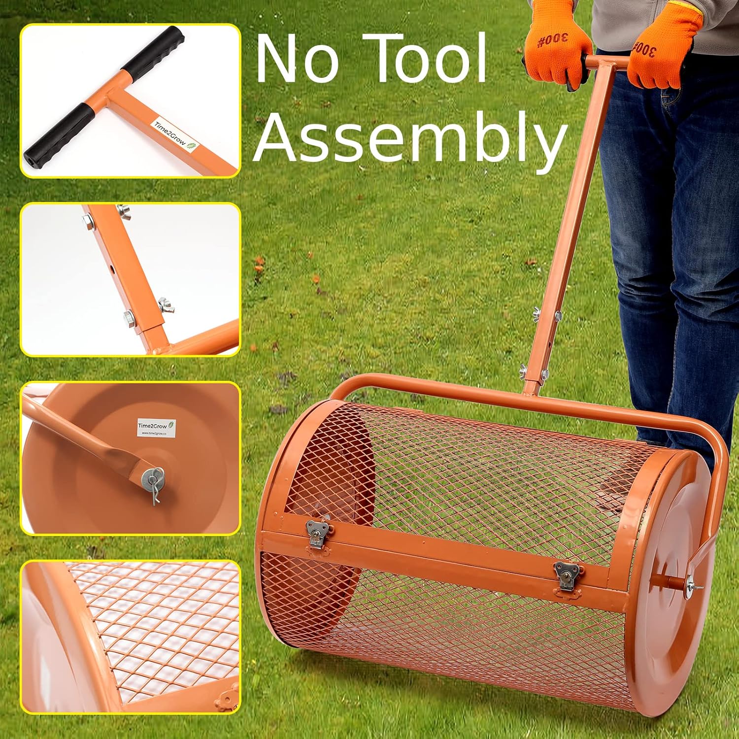 Time2Grow Peat Moss Spreader. Compost Spreader 24. No Tool Assembly. Heavy Duty Latches. Durable Lightweight Lawn Care Equipment