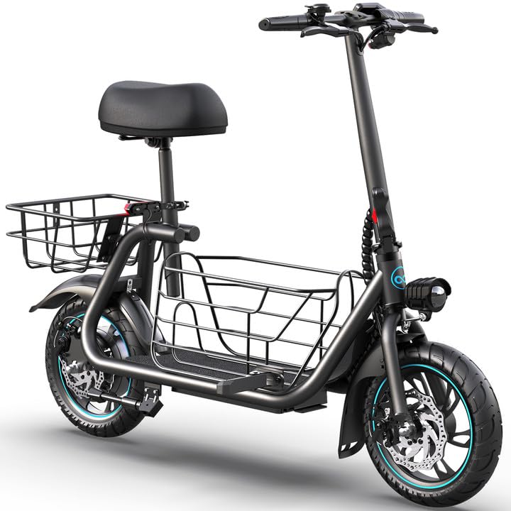 Gyroor Adults Electric Scooter with Large Middle Basket, 550W Motor 18.6 MPH 20 Mile Distance, Foldable E-Scooter with seat for Pets & Cargo