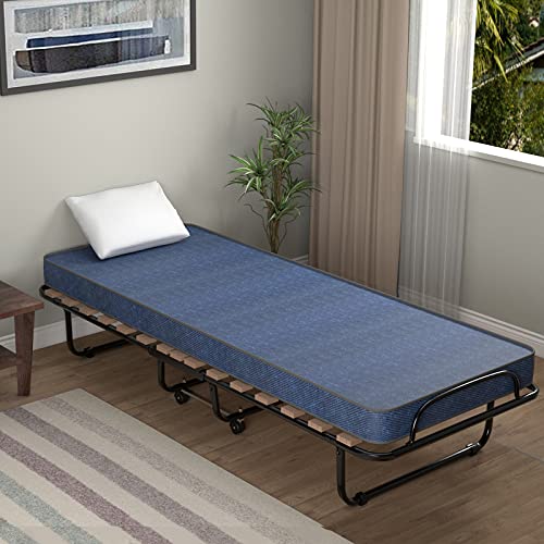 Giantex Folding Bed with 3" Mattress for Adults, Made in Italy, Rolling Foldaway Guest Bed, Memory Foam Mattress, Sturdy Metal Frame