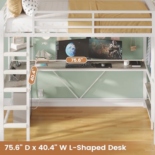 VIAGDO Loft Bed Twin Size with Hall Tree, Charging Station and LED Lights, Metal Loft Bed with L-Shaped Desk, 5 Storage Drawers