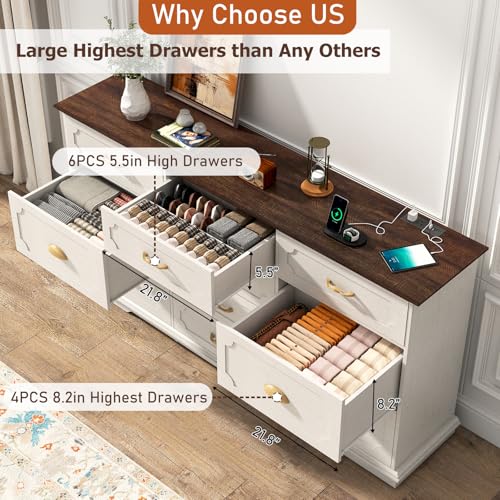 70inch Large Long Dresser w/Charging Station,10 Drawer Dresser w/Deep Big Drawers,Wooden Chest of Drawers w/Power Outlet,White Dressers for Bedroom