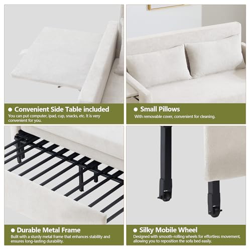3-in-1 Sleeper Sofa Bed, 51'' Convertible Folding Couch with Pullout Bed, Chenille Futon Sleeper Sofa with Side Table and 2 Pillows