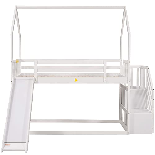 Merax Twin Over Twin House Bunk Bed Frames with Slide and Storage Staircase, No Box Spring Needed, White