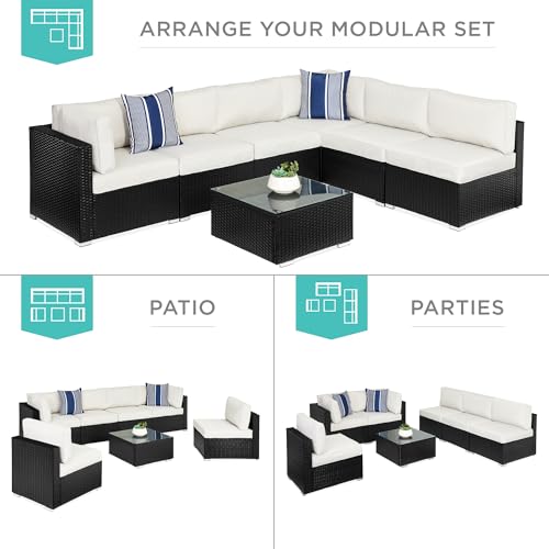Best Choice Products 7-Piece Modular Outdoor Sectional Wicker Patio Conversation Set w/ 2 Pillows, Coffee Table, Cover Included - Gray/Navy
