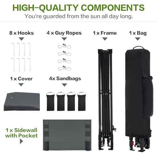 10'x10' Pop Up Canopy Tent with 1 Sidewall and 6 Pockets, One Push Setup, Instant Shade Tent with Vented Roof for Beach Patio Outdoor, Case, 8 Stakes