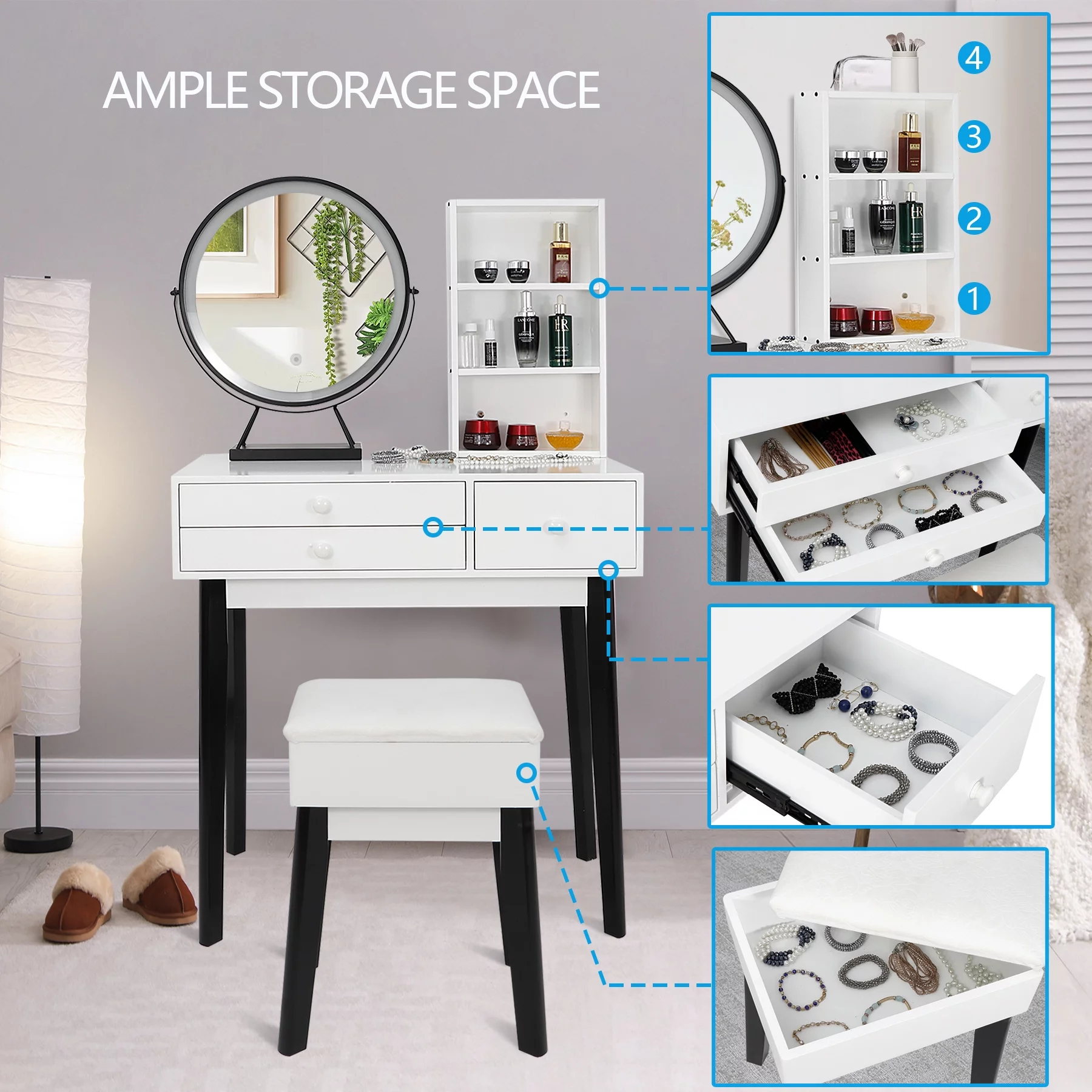 Lafuria vanity set with lighted mirror,Make up vanity dressing table with cushioned stool set in black and white