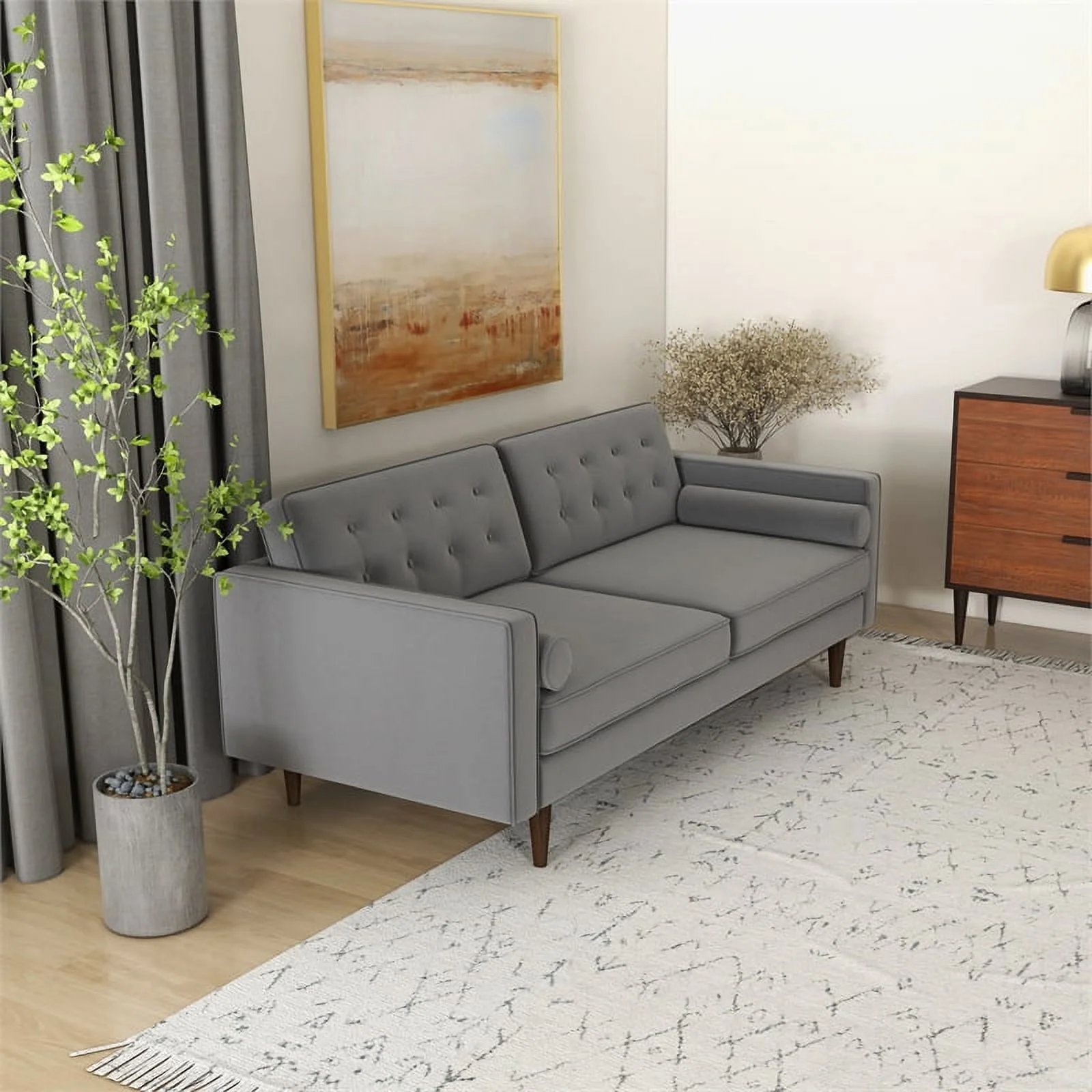 Kearney Mid Century Modern Furniture Style Gray Velvet Living Room Couch