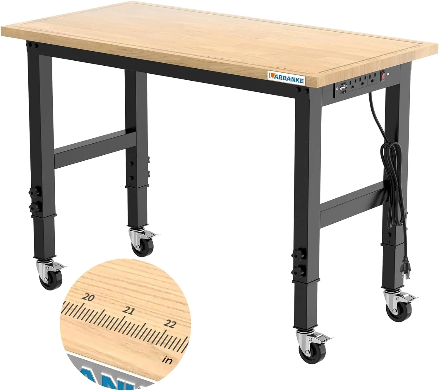 LARBANKE 48" Heavy-Duty Garage Workbench,Rubber Wood Workbench has Adjustable 5 Different Heights,Hardwood Worktable Weight Capacity Over 2000 Lbs