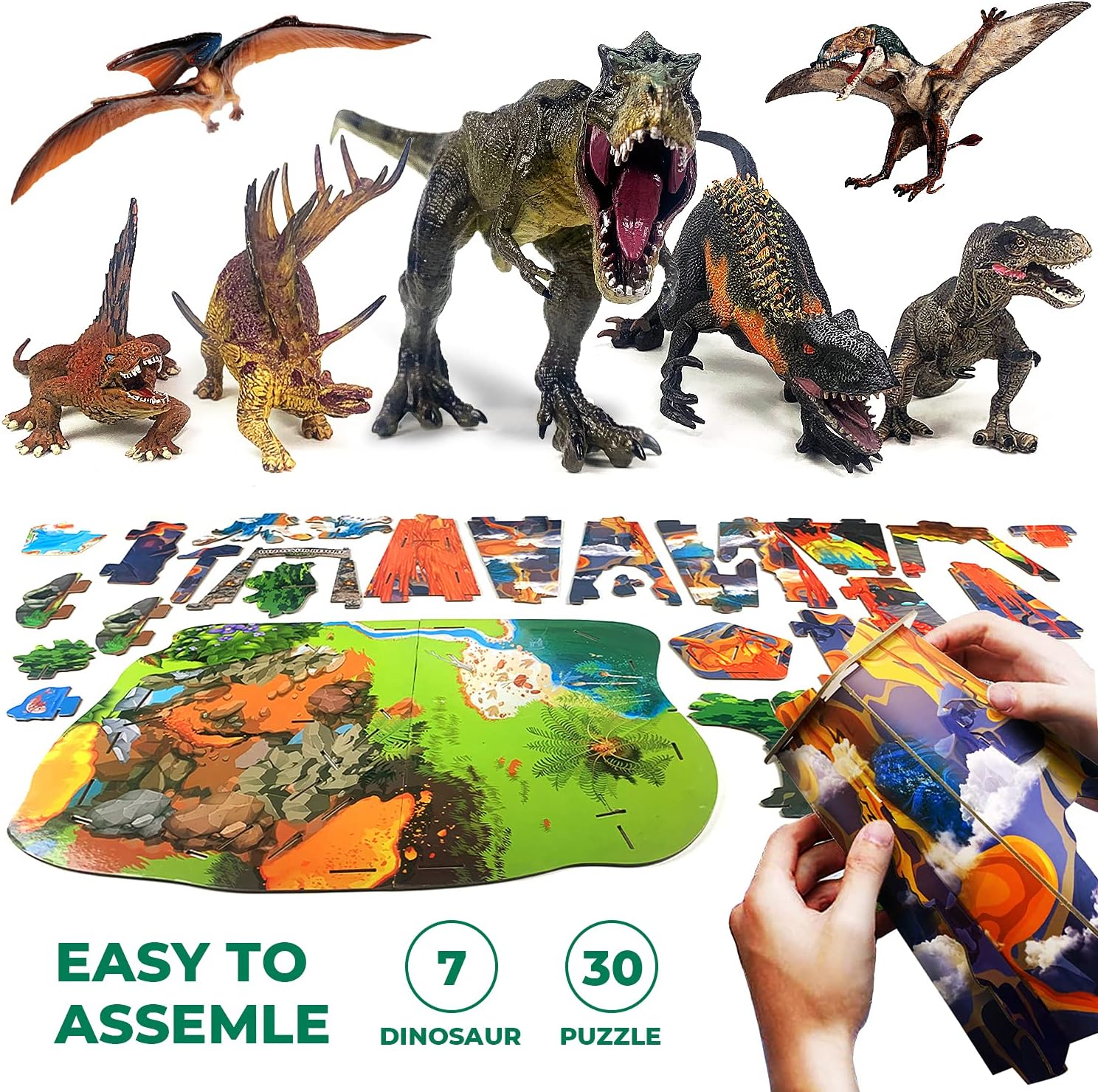 CPSTOYWORLD Realistic Dinosaur Toys for Kids, Large Dinosaur Figure Sets Including Movable T-Rex, Triceratops, Indoraptor and 3D Volcano Puzzles