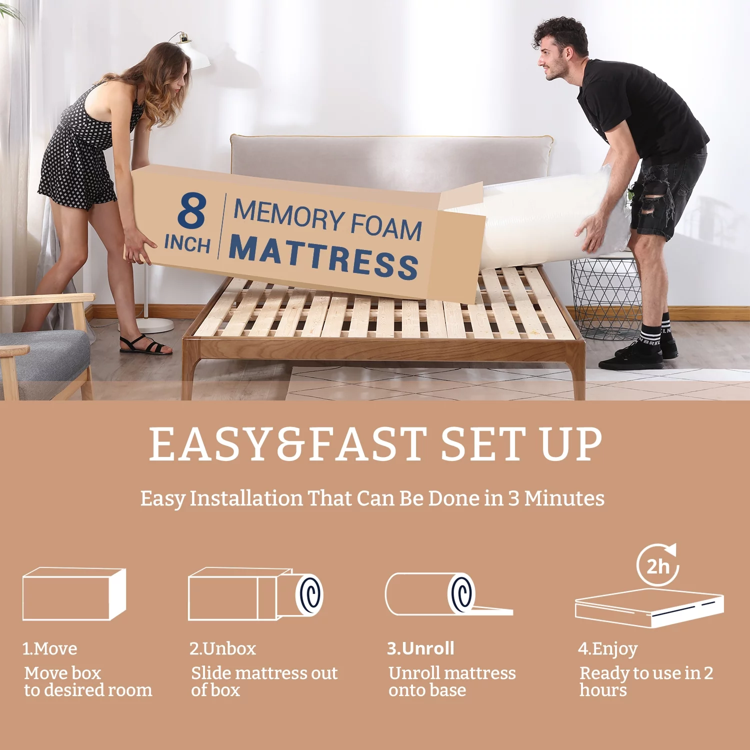 8 inch Full Size Green Tea Cooling Memory Foam Mattress in a box, Medium Feeling, Cooling Gel Infused,Made in USA, White - Radiant Selections