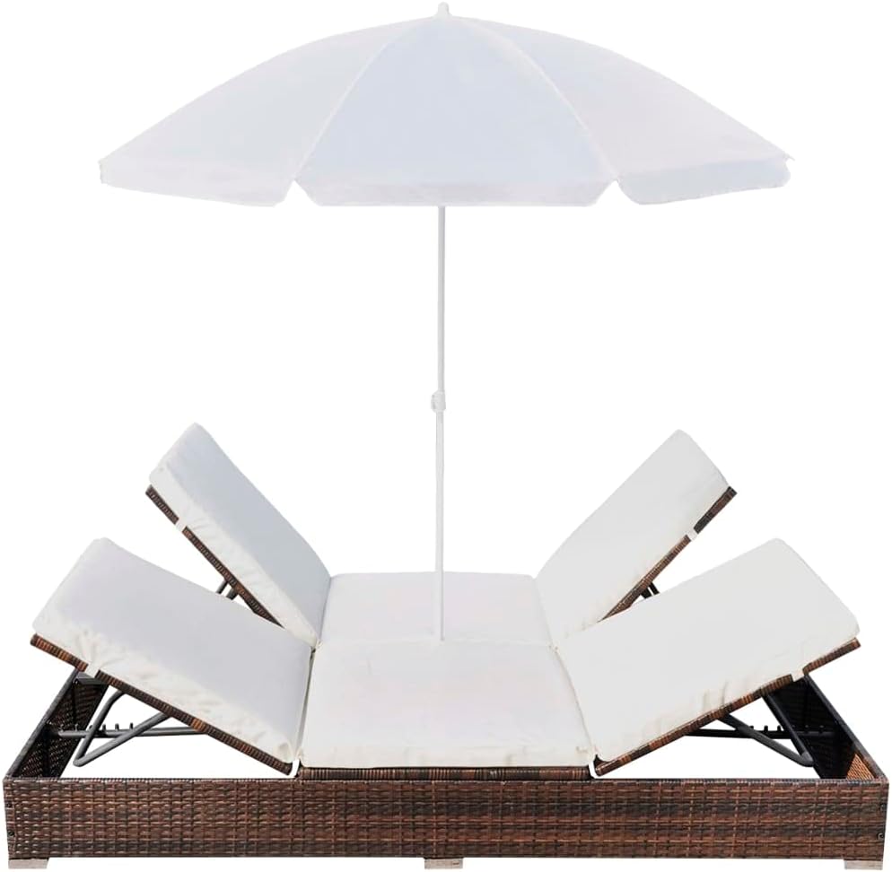 Double Sun Lounger with Cushion and Umbrella | 2-Person Patio Chaise Lounges | Adjustable Outdoor Sunbed | Garden Sunlounger Daybed | Sun Lounge Bed