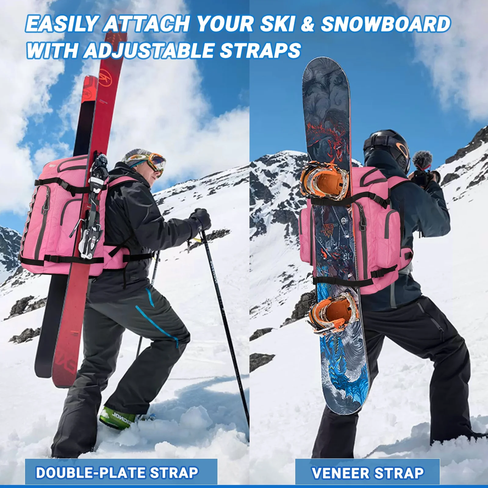 Ski and Snowboard Boot Bag Backpack - 60 L - Waterproof Winter Sport Pack for Travel Pink
