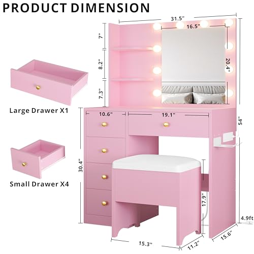 IRONCK Vanity Desk with Mirror and Lights, Small Makeup Vanity Table with 5 Drawers, Power Outlet, and Vanity Stool, 3 Lighting Colors