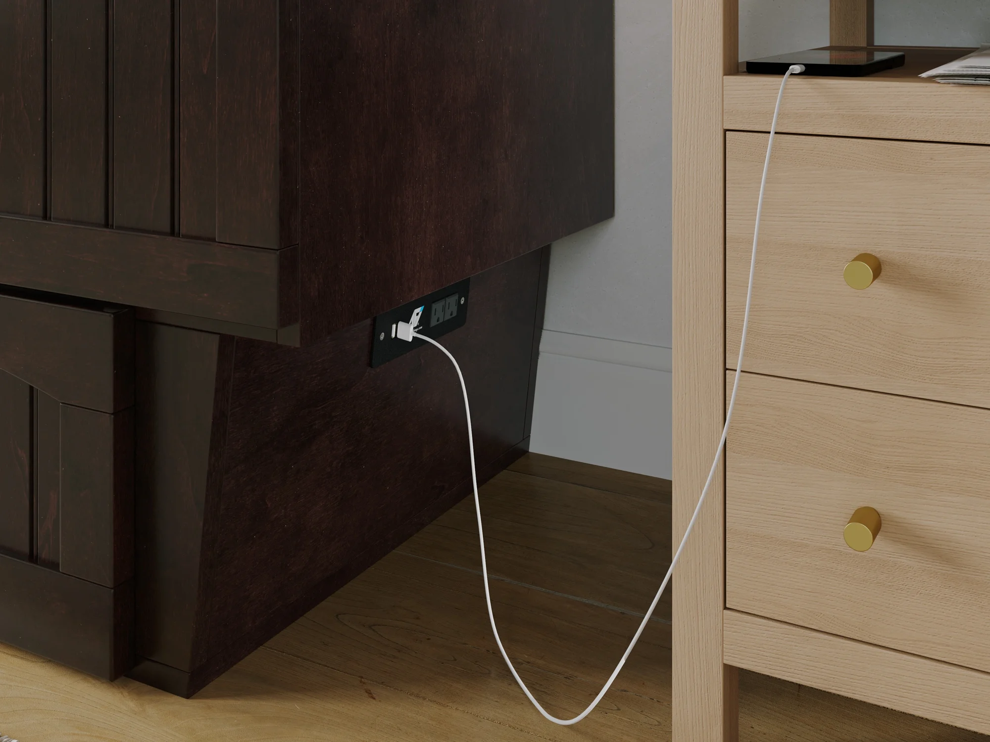 AFI Nantucket Queen Solid Wood Murphy Bed Chest with Mattress, Drawer & Charger in Espresso