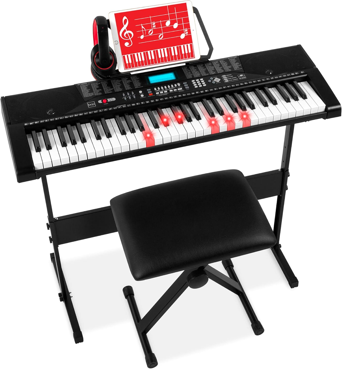 Best Choice Products 61-Key Beginners Complete Electronic Keyboard Piano Set w/Lighted Keys, LCD Screen, Headphones, Stand, Bench, Teaching Modes