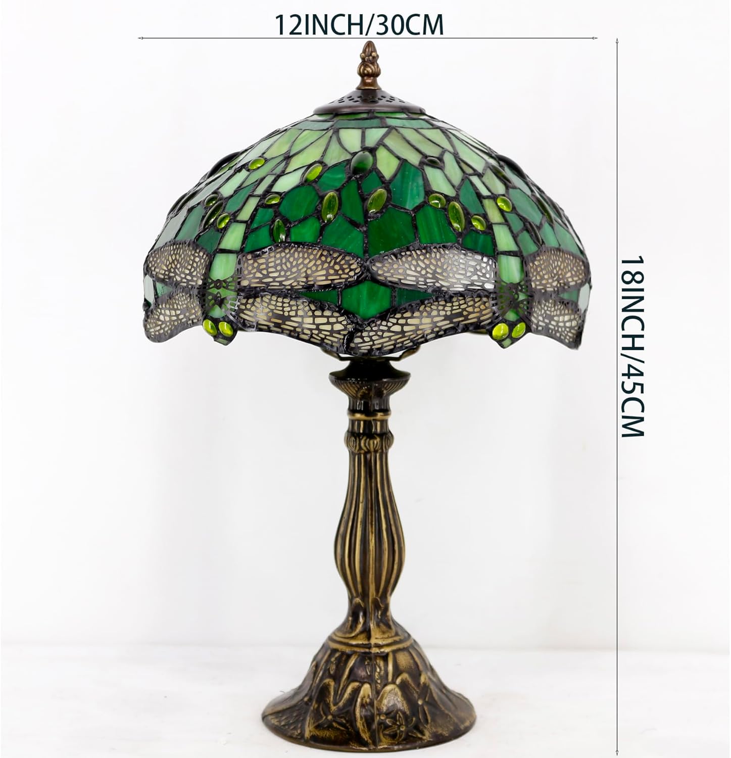 WERFACTORY Tiffany Lamp Green Stained Glass Bedside Table Lamp Dragonfly Style Desk Reading Light 12X12X18 Inches Decor Bedroom Living Room Home