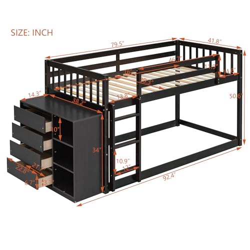 Ball & Cast Full Over Full Bunk Bed with Twin Size Trundle and Built in 4 Drawer,Wood Bunkbed w/Storage Ladder & Slat Support