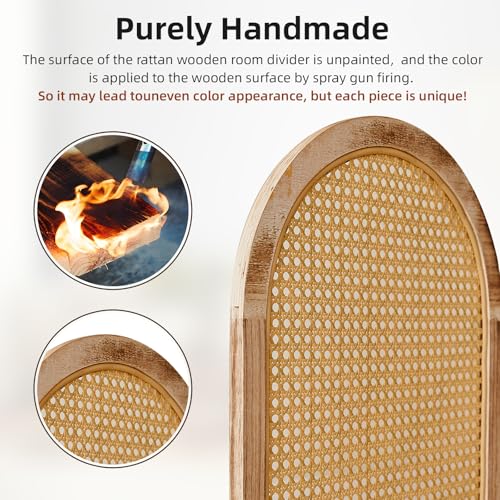 4 Panels Room Divider Wall, Foldable Wooden Room Divider, Individual Privacy Screen Made of Hand-Woven Rattan