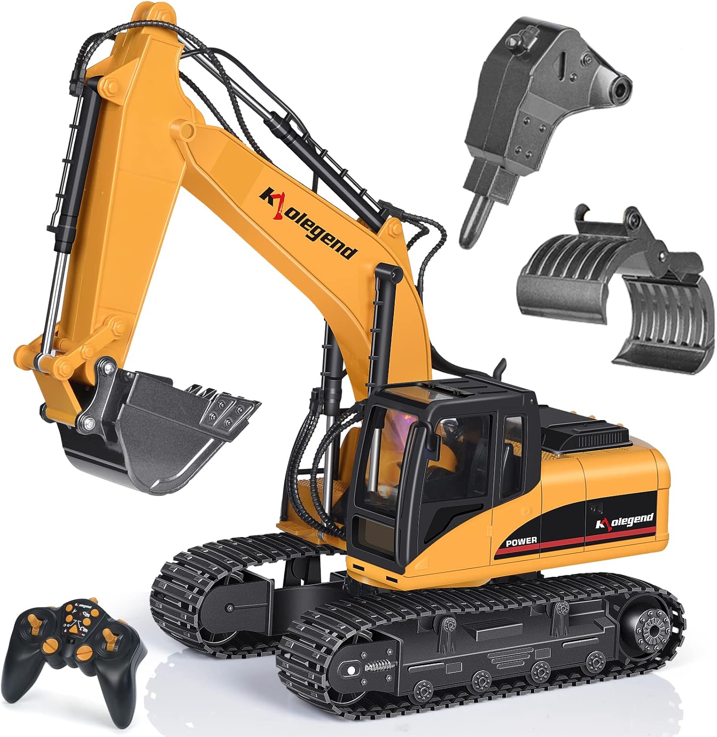 kolegend 3 in 1 Remote Control Excavator with Grab Drill Metal Shovel, 15 Channel Full Functional Construction Tractor