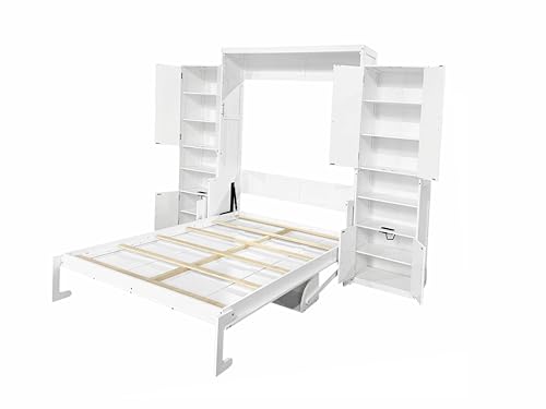 Queen Size Murphy Bed with Desk & Charging Station,Wall Bed Frame Folding into Cabinet Design w/LED & Storage Shelf for Small Space,Bedroom