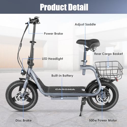 Caroma Peak 500W/800W/1200W Electric Scooter with Seat for Adults,up to 30 Miles&20MPH, 14" Fat Tire