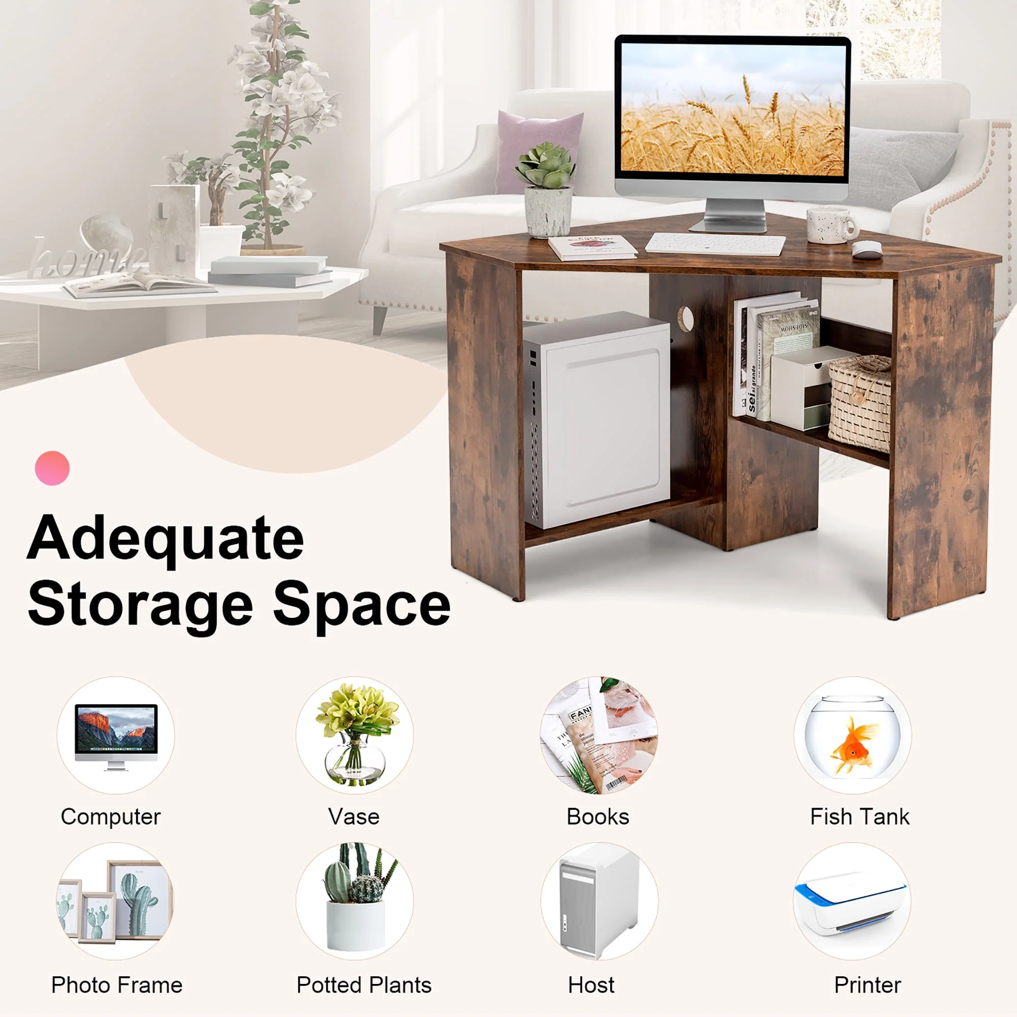 Costway Corner Computer Desk Triangle Writing Workstation w/Storage Shelf Rustic