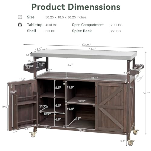 Farmhouse Kitchen Island with Power Outlet, Drop Leaf, Spice Rack and Drawer,Rolling Kitchen Cart on Wheels