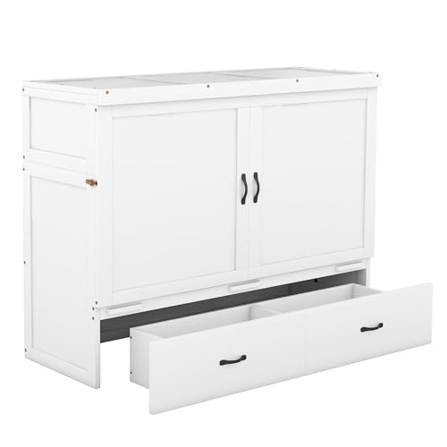 Ball & Cast Queen Size Solid Pine Murphy Bed Chest,Cabinet Hideaway Bed with Charging Station and Large Storage Drawer,Wood Wall Bed can be Folded