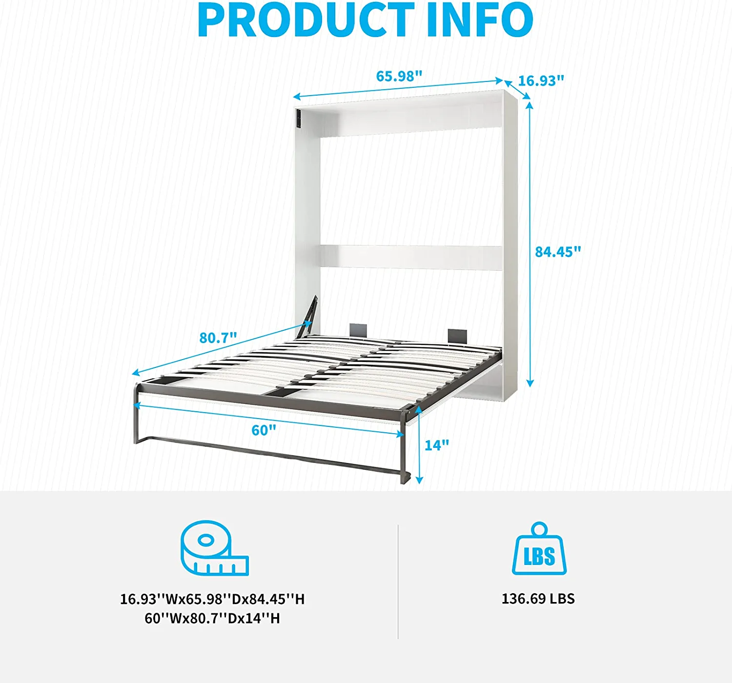 Mjkone Murphy Bed with Wardrobe, Folding Wall Bed for Bedroom, Fold Up Murphy Bed Cabinet, Queen Murphy Chest Bed Can Be Folded into a Cabinet
