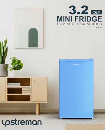 Upstreman 3.2 Cu.Ft Mini Fridge with Freezer, Single Door Mini Fridge, Dorm Fridge, Adjustable Thermostat, Mini Refrigerator for Bedroom, Office