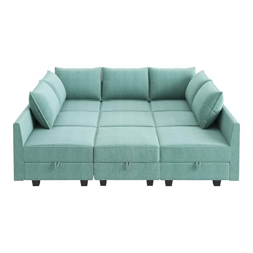 HONBAY Modular Sofa Sectional Sleeper Couch with Ottomans Reversible Sleeper Sectional Sofa Modular Couch with Storage, Aqua Blue