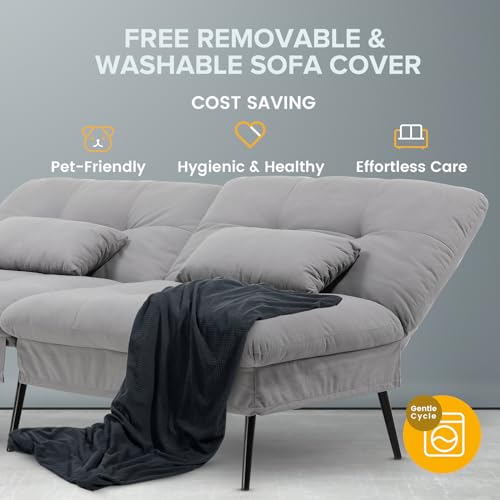 COMHOMA Convertible Futon Sofa Bed, 68″Fabric Futon Couch with Adjustable Backrest, Folding Futon Sleeper Recliner for Living Room Furniture (Black)