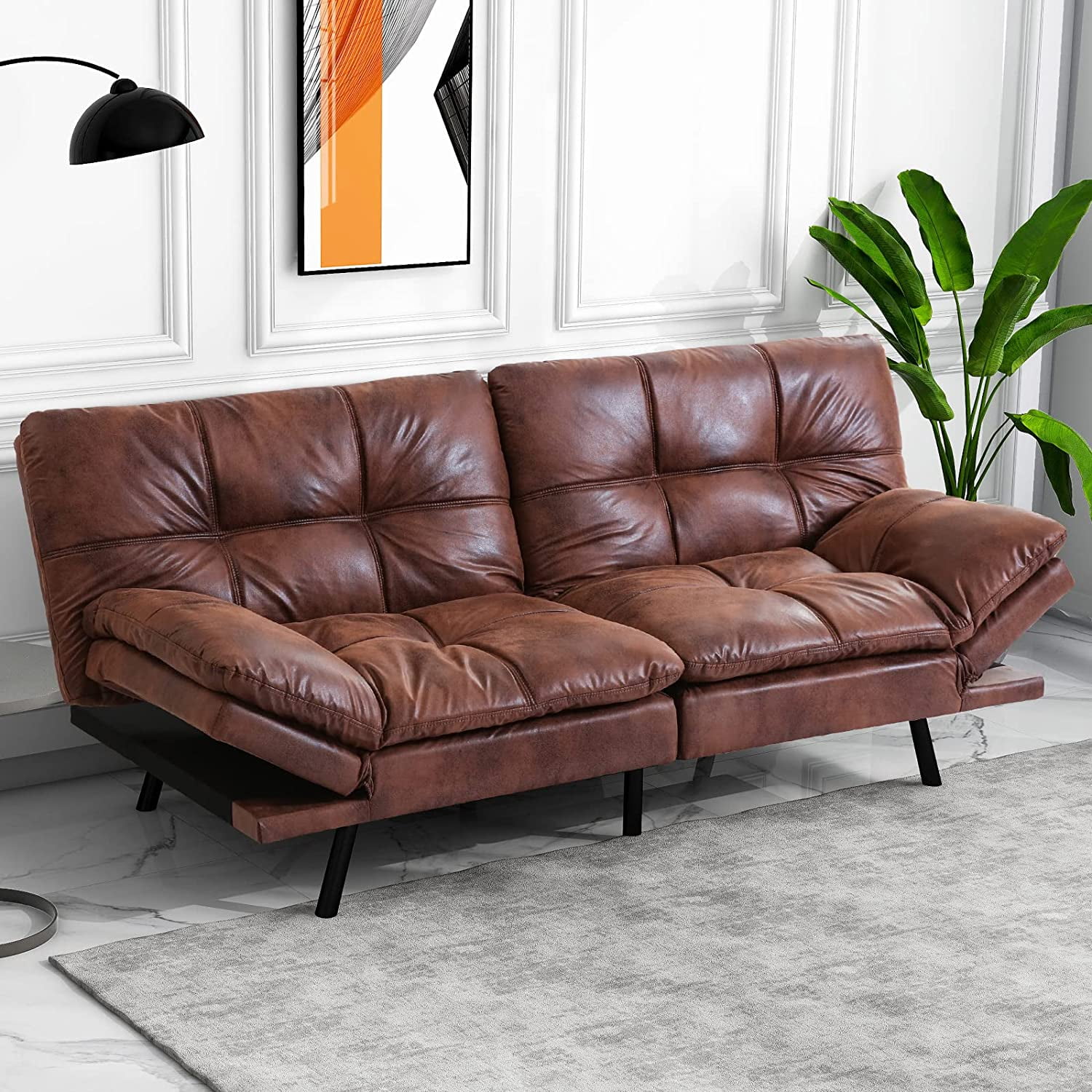 Leather Futon Sofa Bed,Convertible Memory Foam Couch Bed,Futon Sets Daybed with Mattress Included