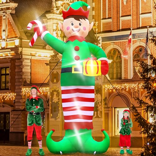 15FT Christmas Inflatables, Giant Inflatable Santa Claus Holding Gift Bags, Blow Up Christmas Santa Claus with 8pcs LED