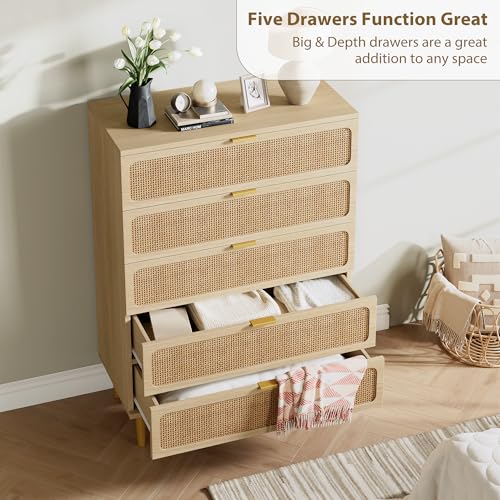 Rattan 5 Drawer Dressers for Bedroom, Tall Dresser with Deep Drawers, Large Chest of Drawers for Closet with Wide Top