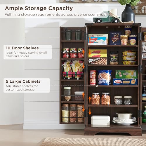 72" Tall Kitchen Pantry, Farmhouse Storage Cabinet with Barn Doors, Organizer, Drawer and Adjustable Shelves, Rustic Wood Cupboard for Kitchen