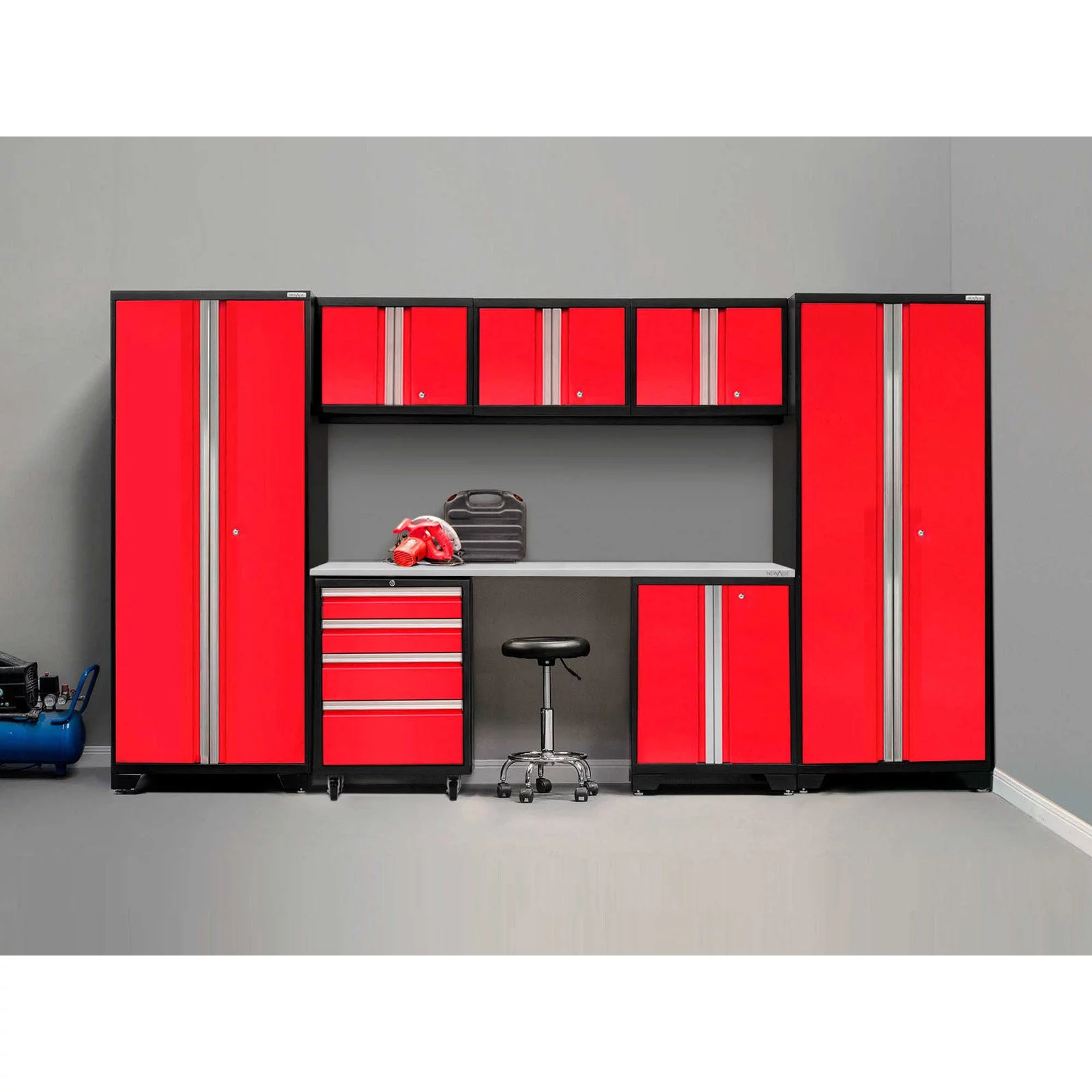 NewAge Products Bold Series Gray 8 Piece Cabinet Set, Heavy Duty 24-Gauge Steel Garage Storage System, LED Lights Included - Curated Treasures Market